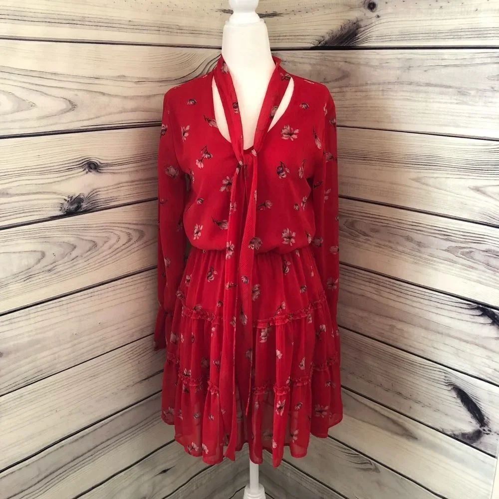 Xhilaration Red Floral Long Sleeve Dress Small